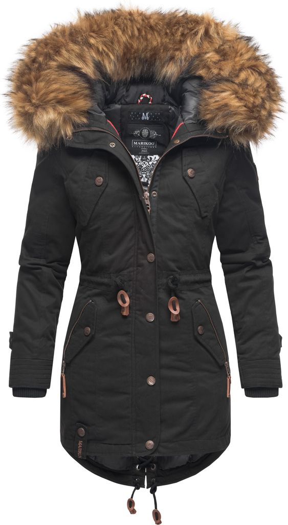 Marikoo La Viva Princess Damen Winter Parka mit Kapuze Wintermantel Kunstfellkragen Mantel Schwarz Gr. 36 - S