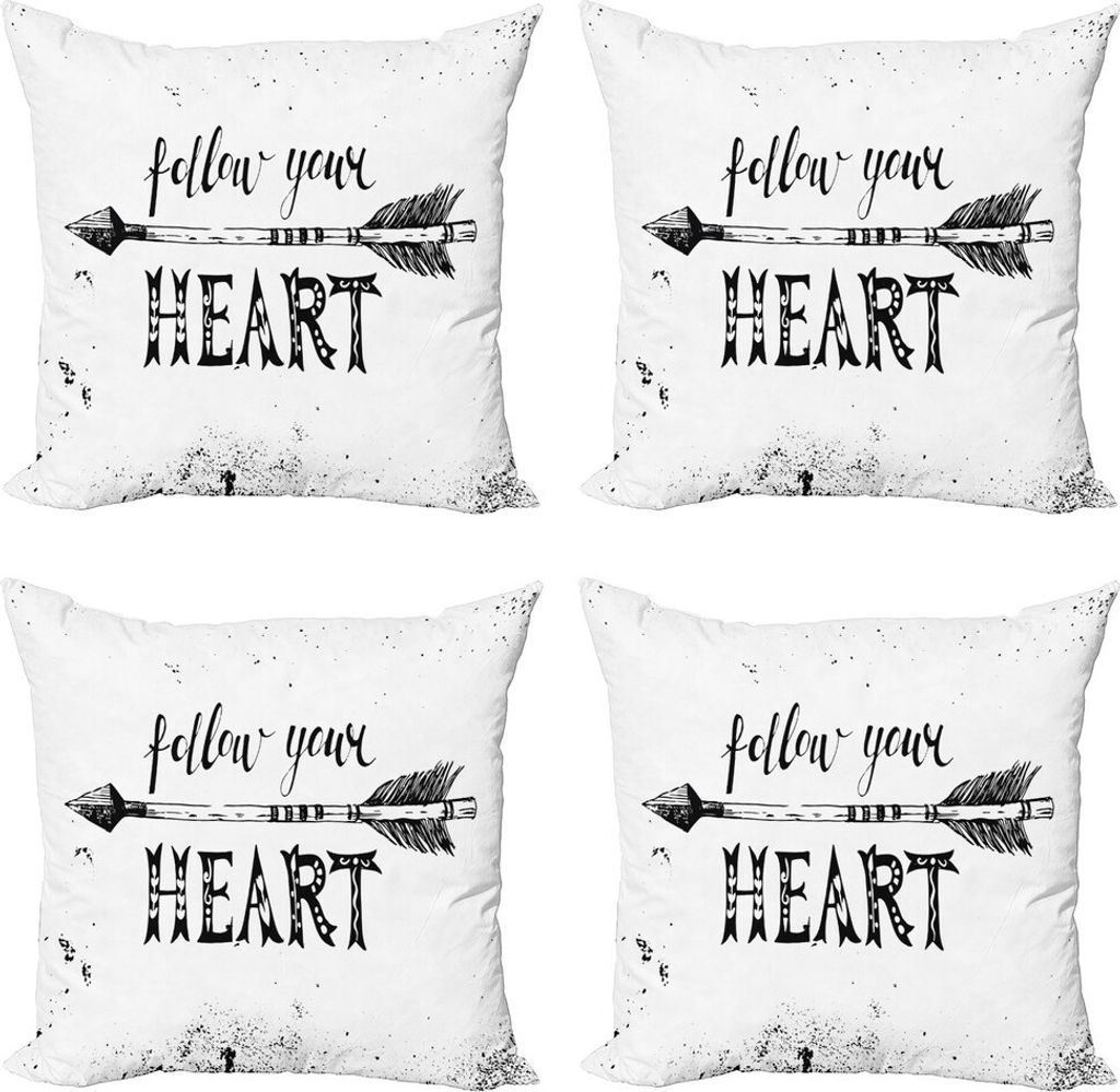 ABAKUHAUS inspirativ Kissenbezug Set (4 Stück), Folge deinem Herzen, Moderner Doppelseitiger Digitaldruck, 40 cm x 40 cm, Schwarz und weiß