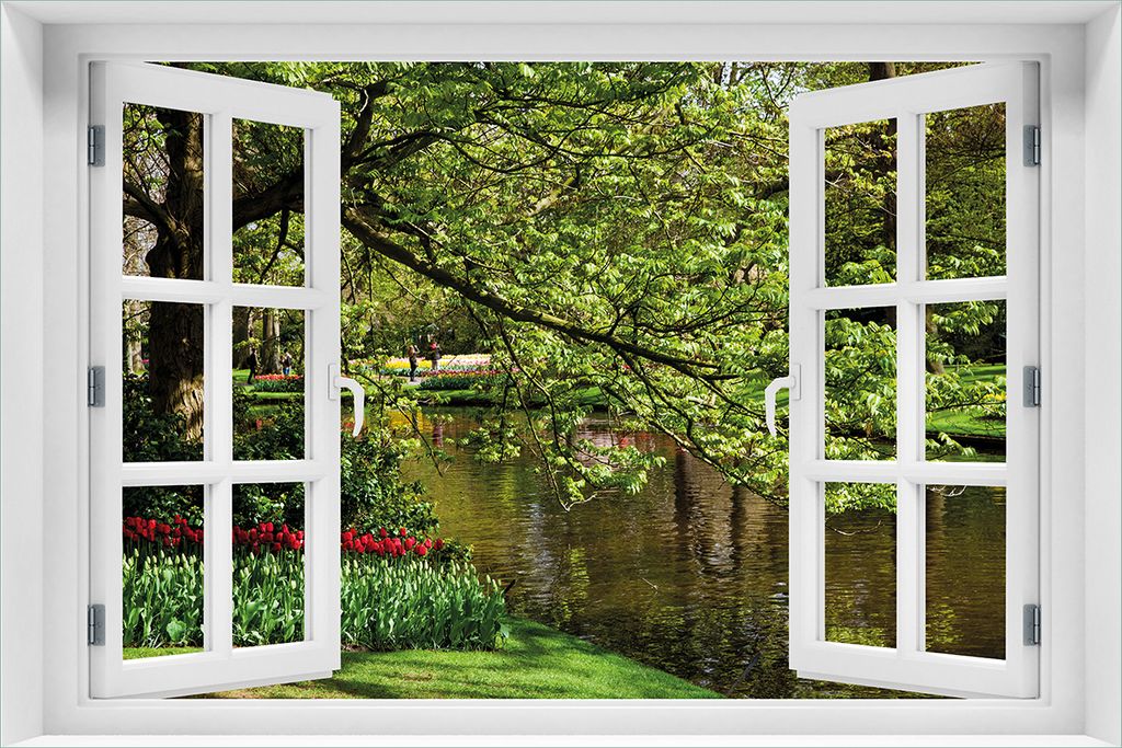 Wallario Poster mit Fenster-Illusion: Bunte Blumen im Park am Wasser - Frühblüher am Ufer, Größe: 61 x 91,5 cm (Maxiposter)