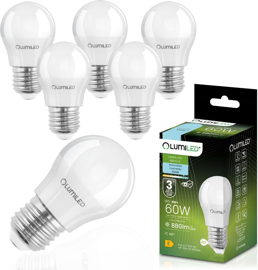 LUMILED 6 Stück LED Leuchtmittel E27 P45 8W ersetzt 60W 880lm 6500K Kaltweiß 230V 180° Abstrahlwinkel Nicht Dimmbar Tropfenform Energiesparlampe...