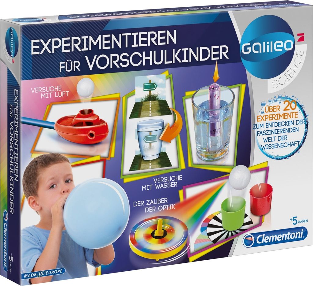 A product box for a children's science experiment kit, showing various experiments and a child blowing a balloon.
