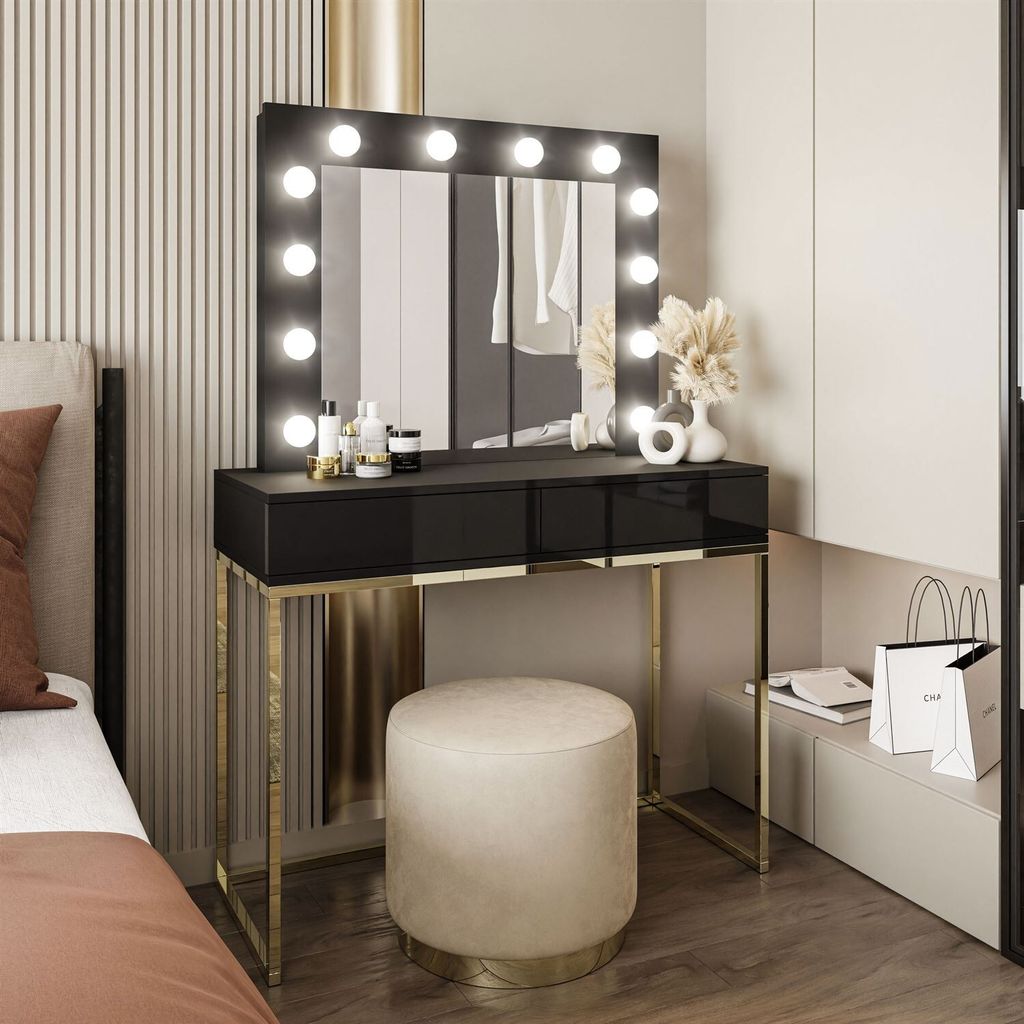 Schminktisch BLANCO mit Spiegel und Beleuchtung goldchrom schwarz Hochglanz