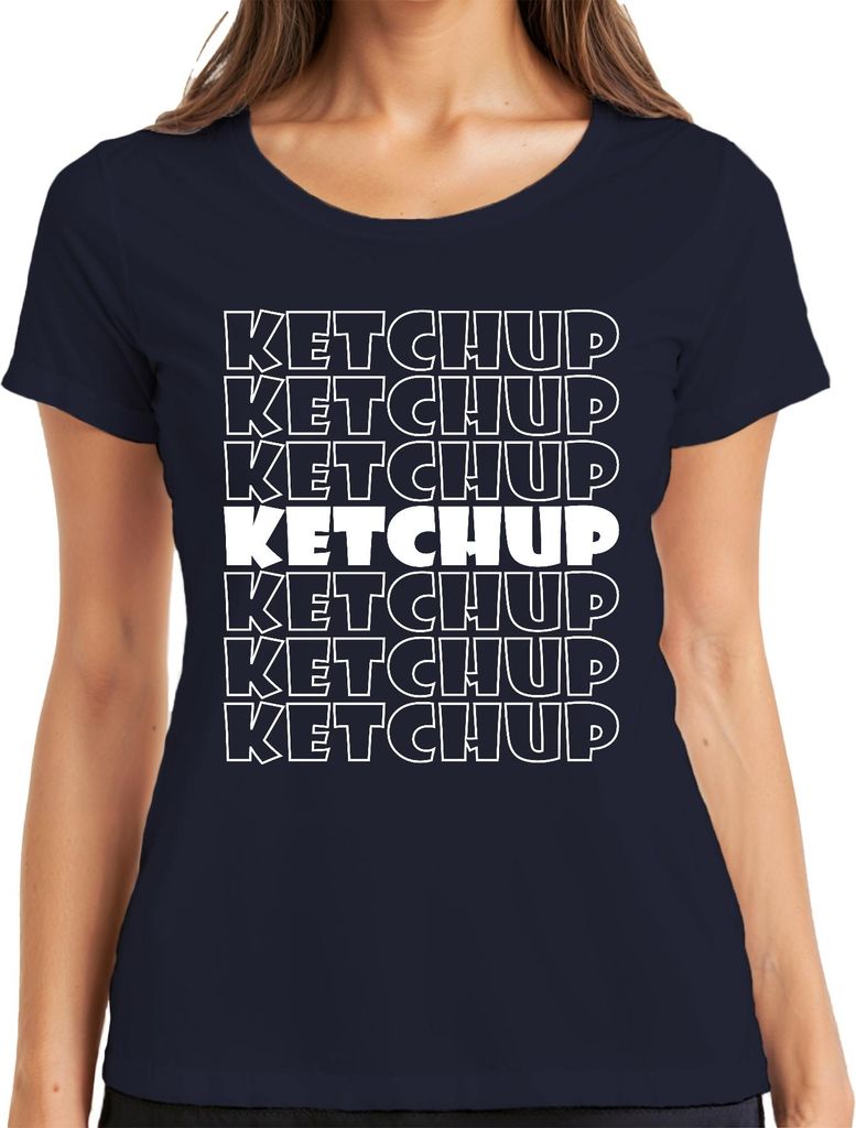 Ketchup Schriftzug Pop Art Retro Muster Pommes Burger Fan Vintage Damen T-Shirt, Navy, S