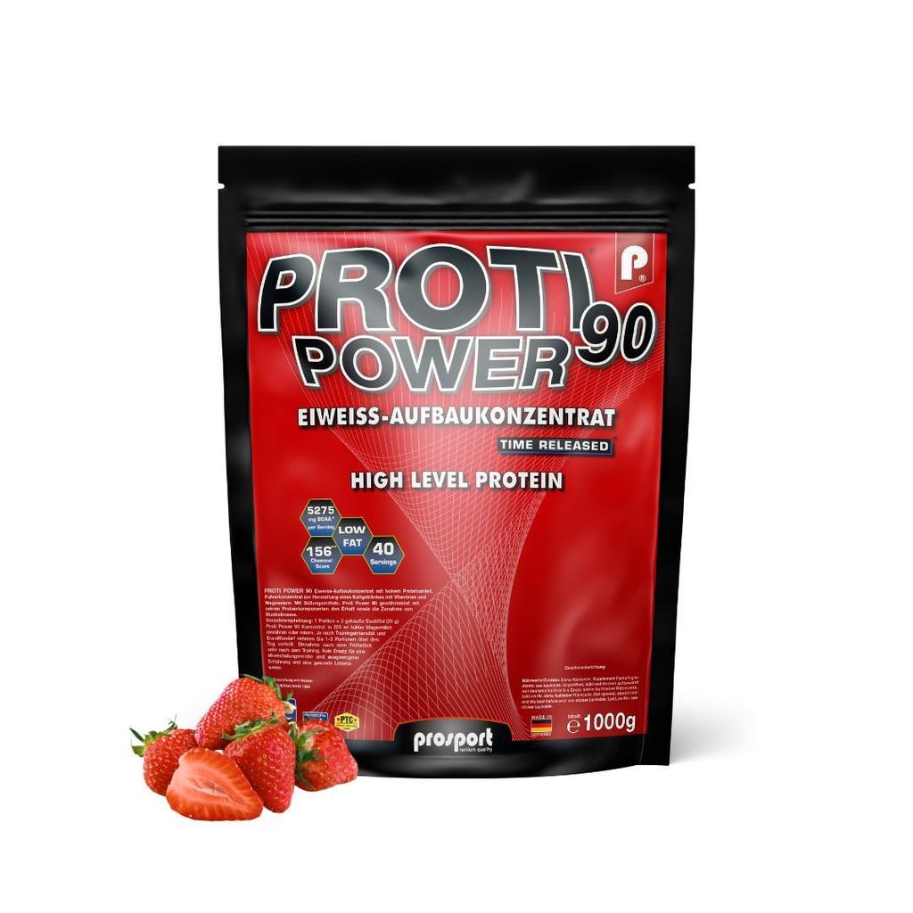 Prosport Proti Power 90 – Erdbeere 1000g – 5-Komponenten Eiweißpulver – Proteinshake mit Whey, Casein, Eiprotein, Magnesium & 10 Vitaminen