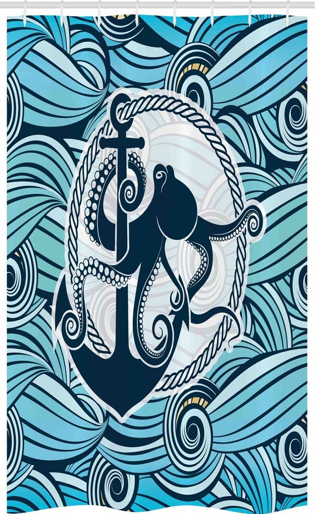 ABAKUHAUS Tintenfisch Schmaler Duschvorhang, Wellen, Badezimmer Deko Set aus Stoff mit Haken, 120 x 180 cm, Mehrfarbig