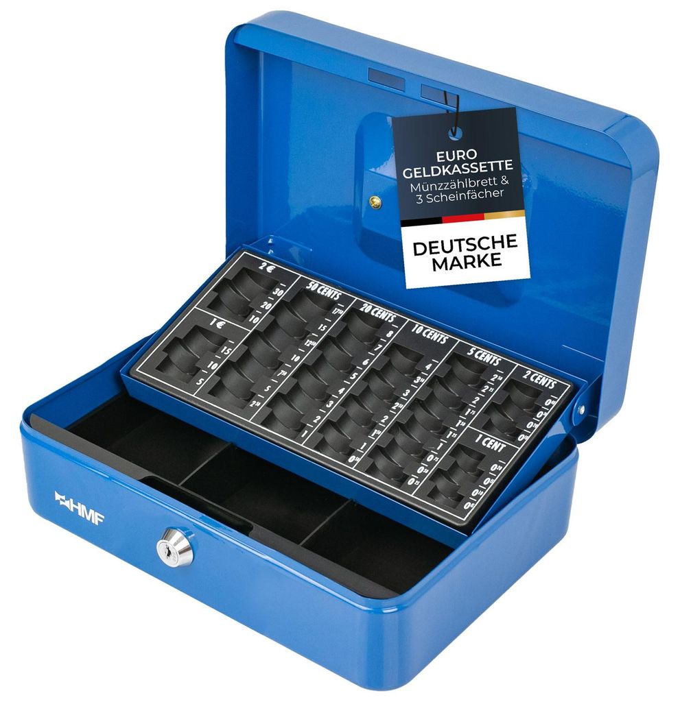 Geldkassette mit einem Euro-Münzzählbrett von HMF mit 25 cm Breite in Blau