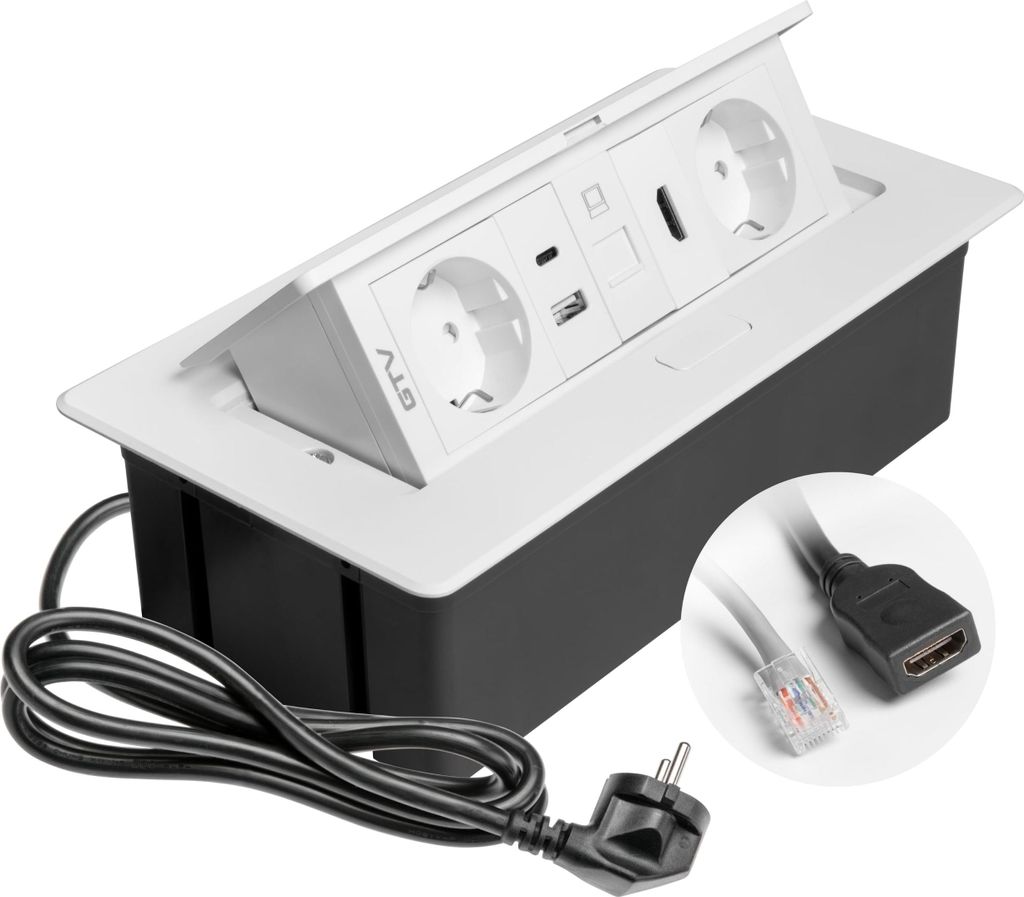 GTV - Einbausteckdose MULTISOFT weiß mit 2x Schuko, USB A+C, RJ45, HDMI 2.0, Abdeckung, versenkbar, 1,5?m Kabel, für Schreibtisch, Konferenztisch...