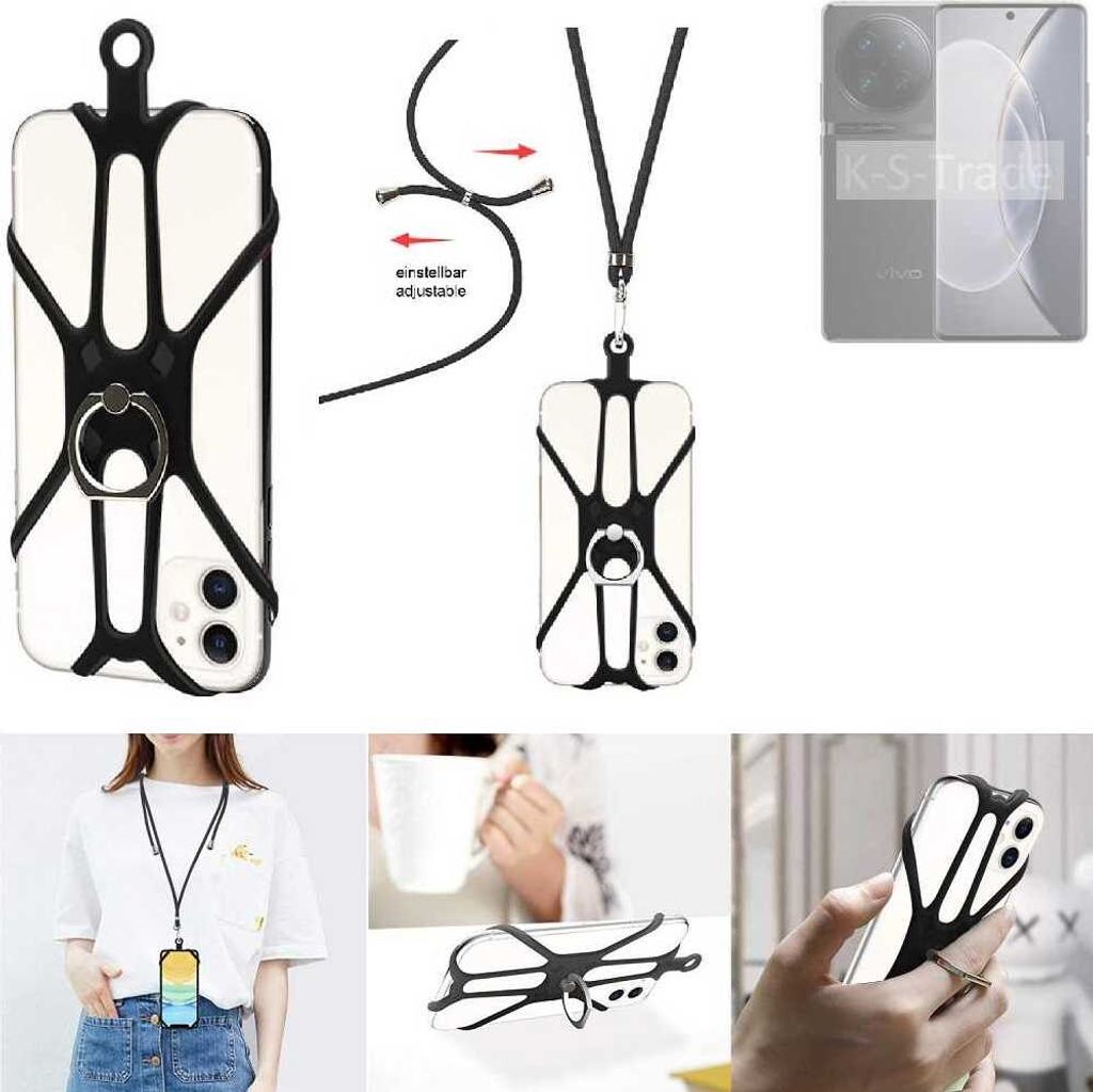K-S-Trade 3in1 Handykette Handyband Handykordel Halsband Smartphone-Ring Handy-Ring kompatibel mit Vivo X90 Pro Fingerhalterung Handyring