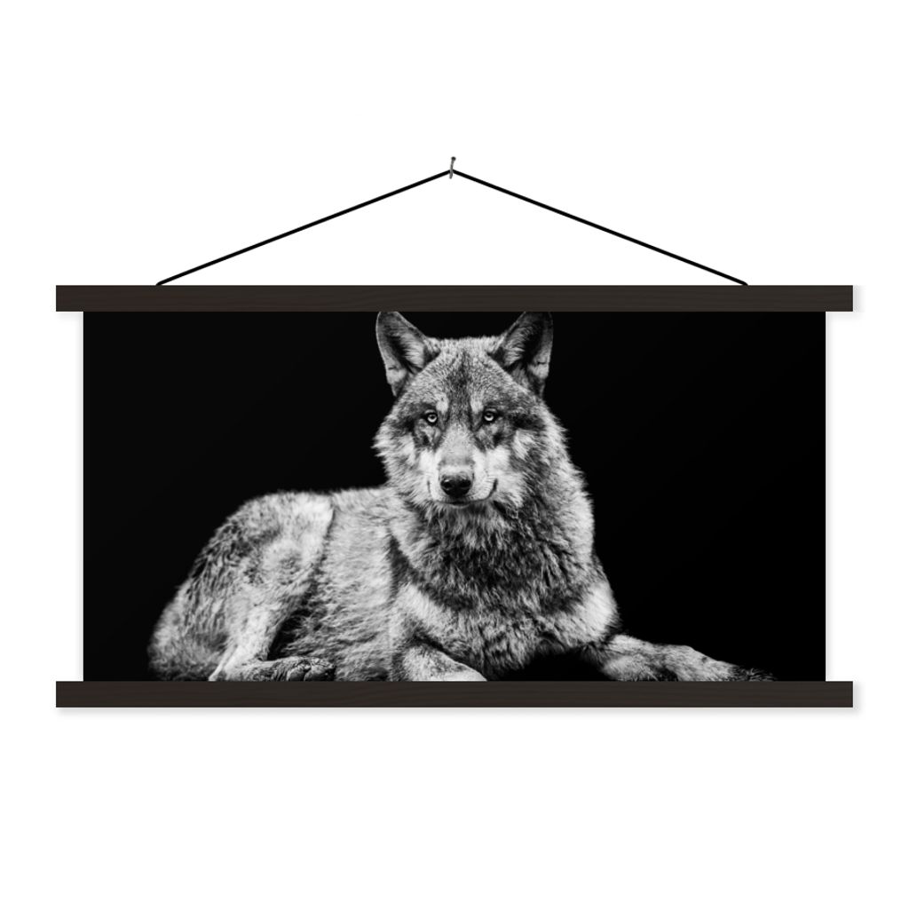 MuchoWow Textilposter Wildlife - Wolf - Schwarz - Weiß 90x45 cm mit schwarzem Rahmen - Klemmleisten