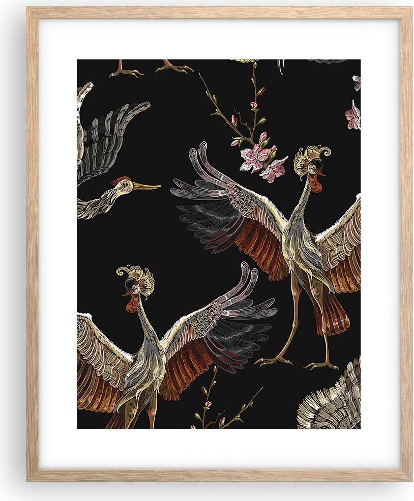 Gerahmtes Poster - Rahmen in heller Eiche - Asiatisch Vögel Verziert - 40x50 cm - Wand Bild - Wanddeko - Wandbilder - Kunstposter - Wandposter - B...