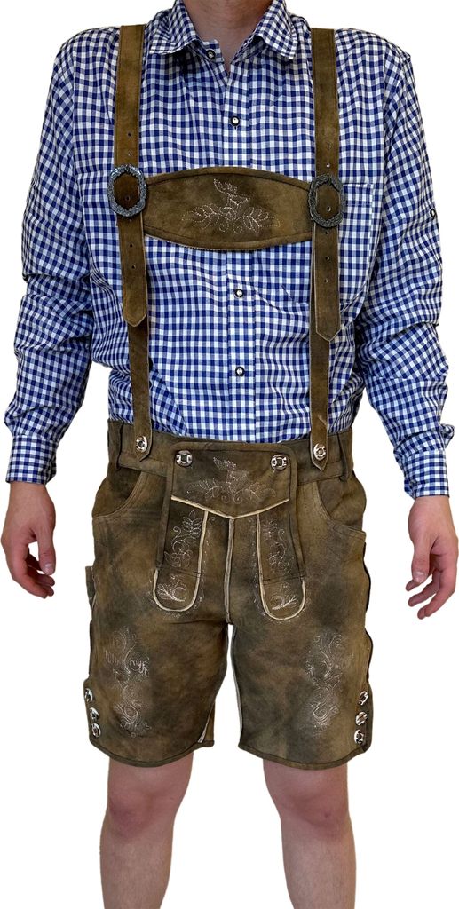 Premium Herren Lederhose kurz Ziegenleder mit Hosenträger weiß gestickt Tracht, Größe: 46 Farbe: Braun