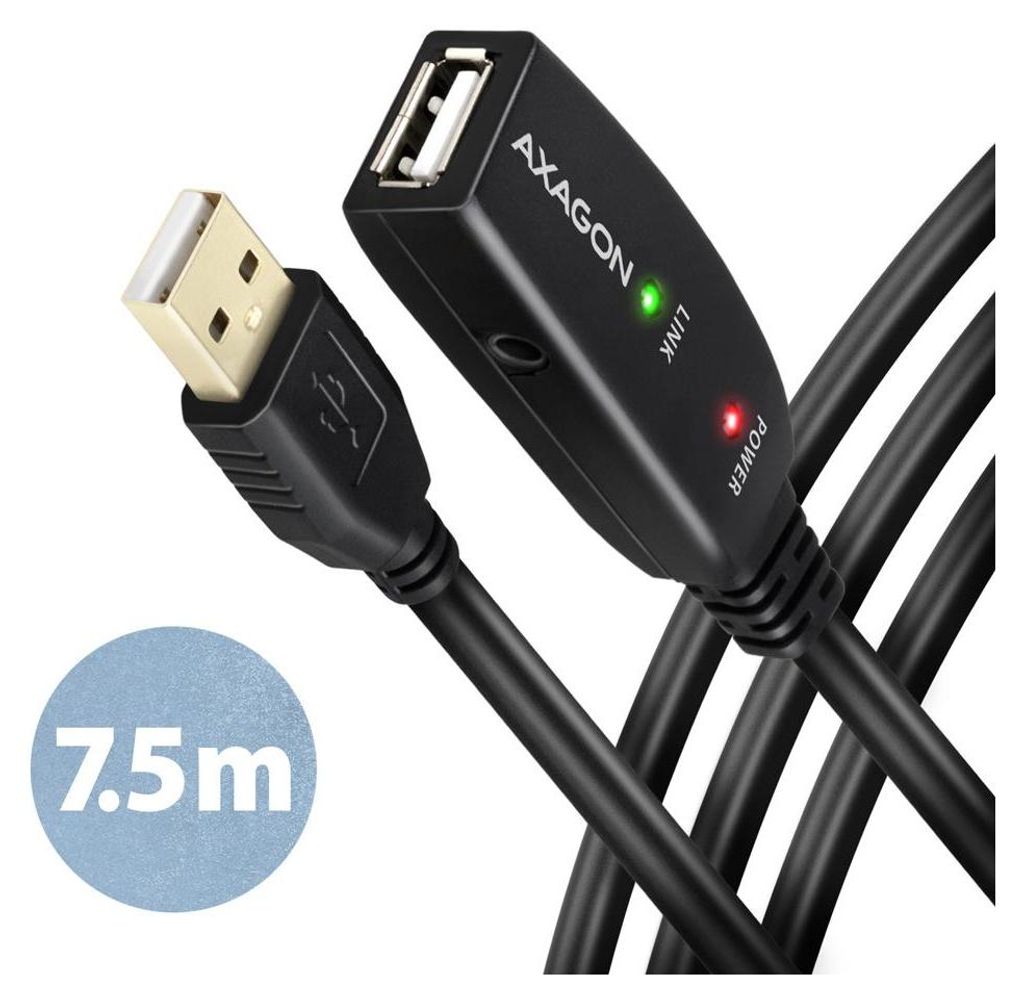 Axagon ADR-207 USB 2.0 A-M -> A-F aktives Verlängerungs‐/Repeater‐Kabel 7.5m, 7,5 m, USB A, USB A, USB 2.0, 0,48 Gbit/s, Schwarz