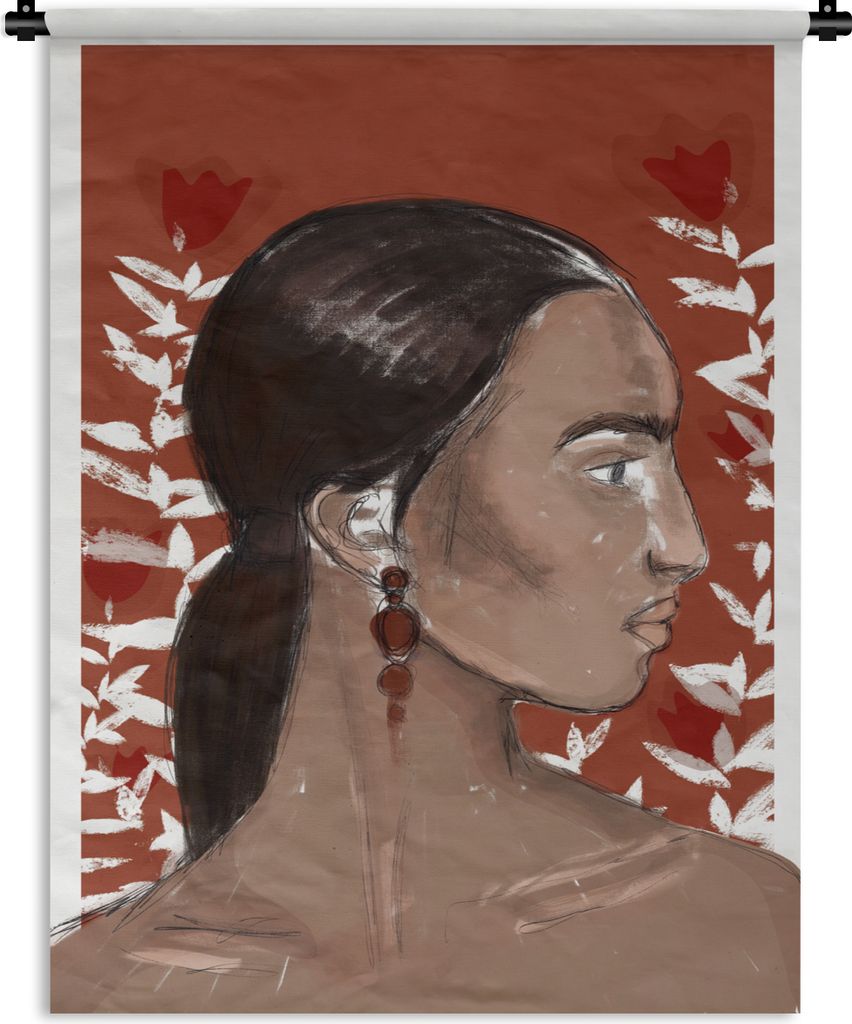 MuchoWow Wandteppich Wandbehang Porträt - Frau - Rot - Blumen 90x120 cm Tapisserie Dekoration Wandtuch - Wanddeko