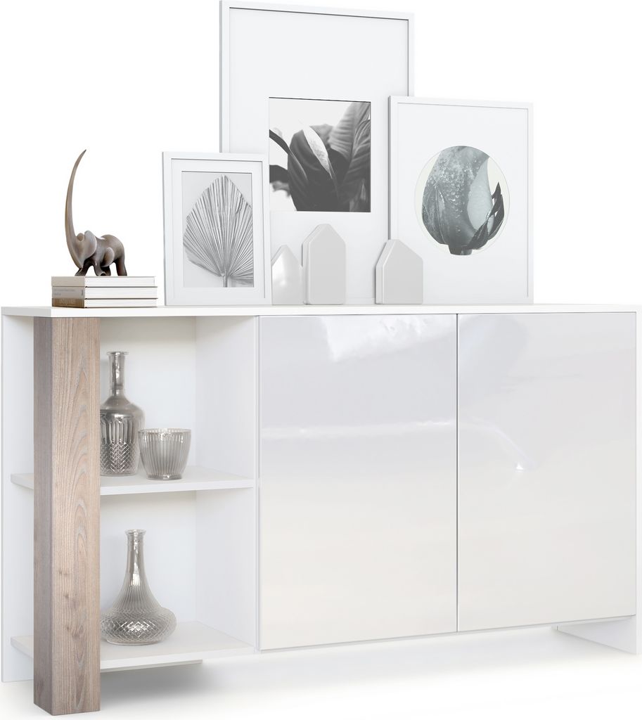 Vladon Sideboard Canto, Germany, lange Anrichte mit 2 Türen und 6 Fächern, Korpus Weiß matt, Fronten Weiß Hochglanz, Nachbildung-Paneele Eiche ...