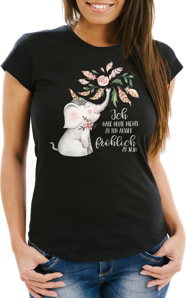 Damen T-Shirt Elefant Ich habe heute nichts zu tun außer fröhlich zu sein Slim Fit Moonworks schwarz L