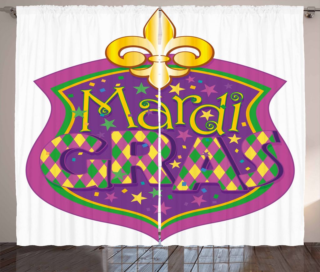 ABAKUHAUS Karneval Rustikaler Gardine, Fleur De Lis Blazon, Schlafzimmer Kräuselband Vorhang mit Schlaufen und Haken, 280 x 225 cm, Gelb Grün Lila