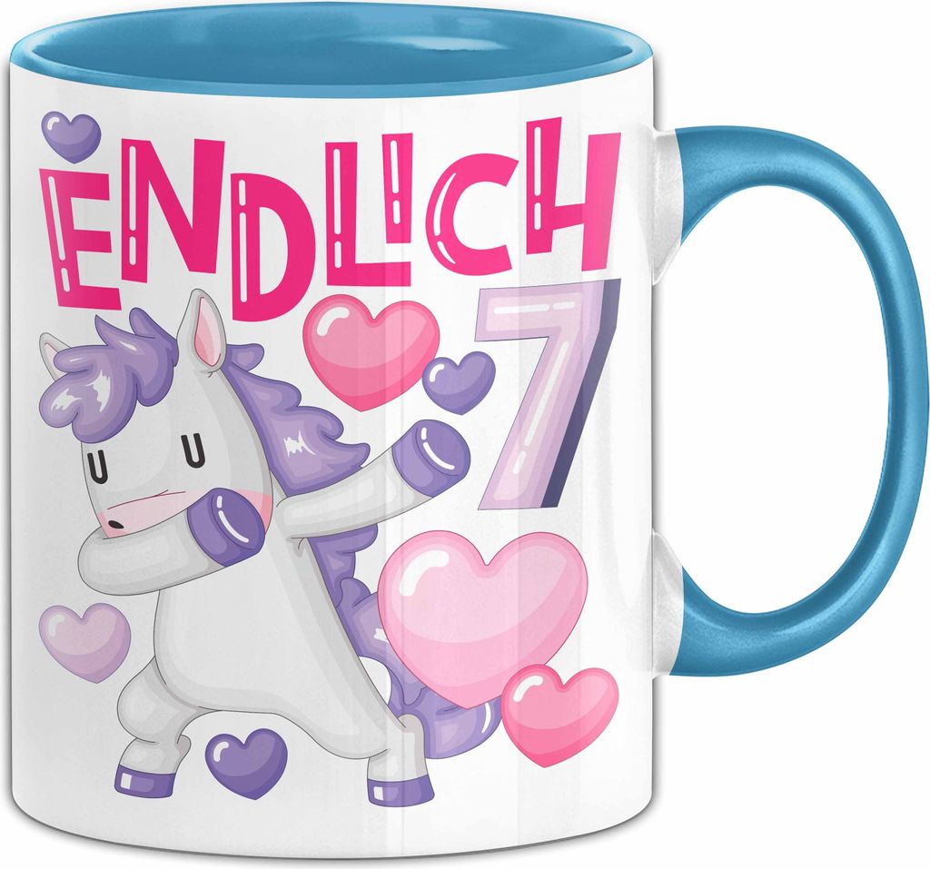 7. Geburtstag Geschenk Tasse Becher Mädchen Einhorn Geburtstagsgeschenk Tochter Endlich 7 (Blau)