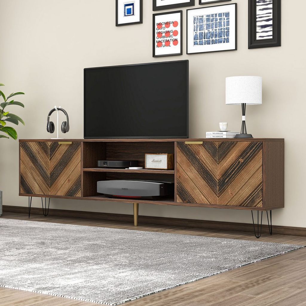 TV-Schrank mit zwei Türen Türen aus Massivholz Furnier TV-Schrank mit zwei Fächern niedriges Paneel TV-Schrank Goldgriffe und Eisenfüße Holzfarbe