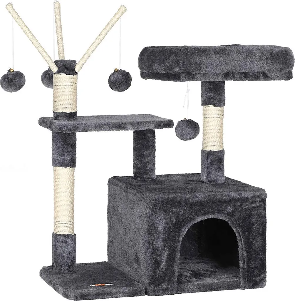 Petit arbre à chat pour appartement avec niche cachée et griffoir