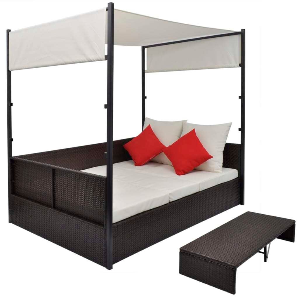 (Robust Möbel)Liegestuhl/Relaxliege - Gartenbett mit Baldachin Braun 190×130cm Poly Rattan - 190x130x180cm - Gartenliegen DEMöbel921829