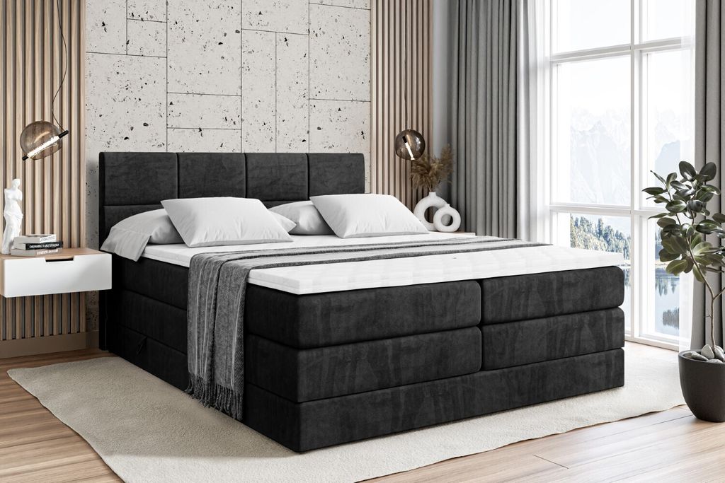 ALTDECOR Boxspringbett mit 2 Matratzen und Topper - 160x200 cm - ARDENI KING - Schwarz Samt - Polsterbett mit, H3- und H4- Matratzen, Bettkasten un...