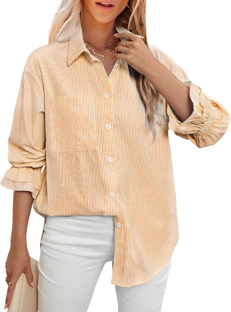 ASKSA Damen Bluse V Ausschnitt Langarm Knoepfen Elegant Hemdbluse Casual Hemden Gestreifte Brusttasche Oberteile (Orange,M)
