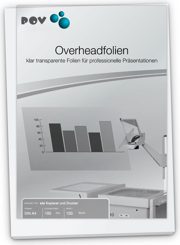 Overheadfolie DIN A4, 100 Mic, für s/w Kopierer und Drucker, kurze Seite verleimt, hinterl. Papier