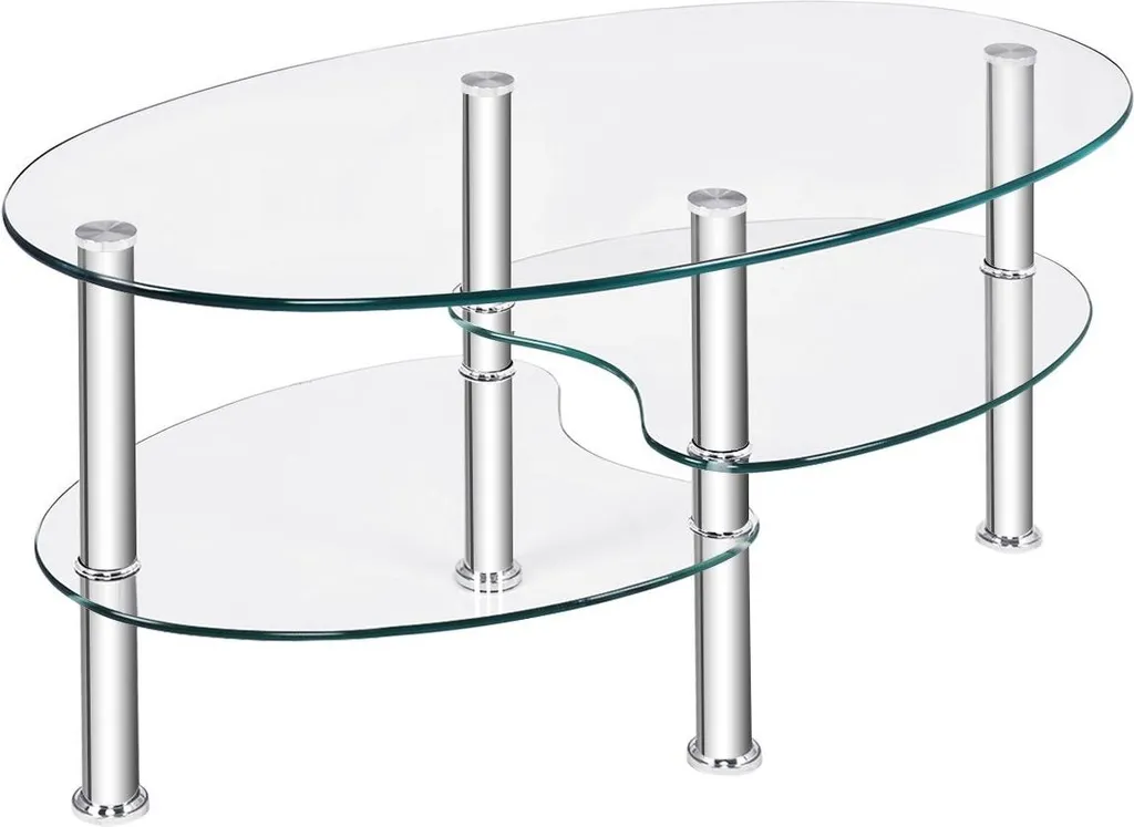 Table basse ovale à trois niveaux en verre moderne avec étagère double