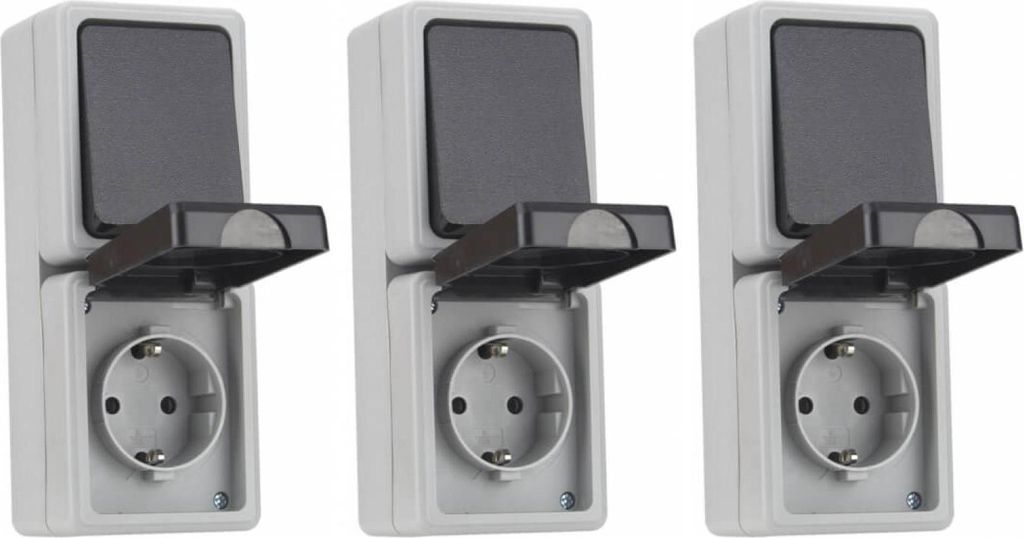 3er Set Feuchtraum Kombination Steckdose Schalter Serie TAFF Aufputz vertikal IP44 grau