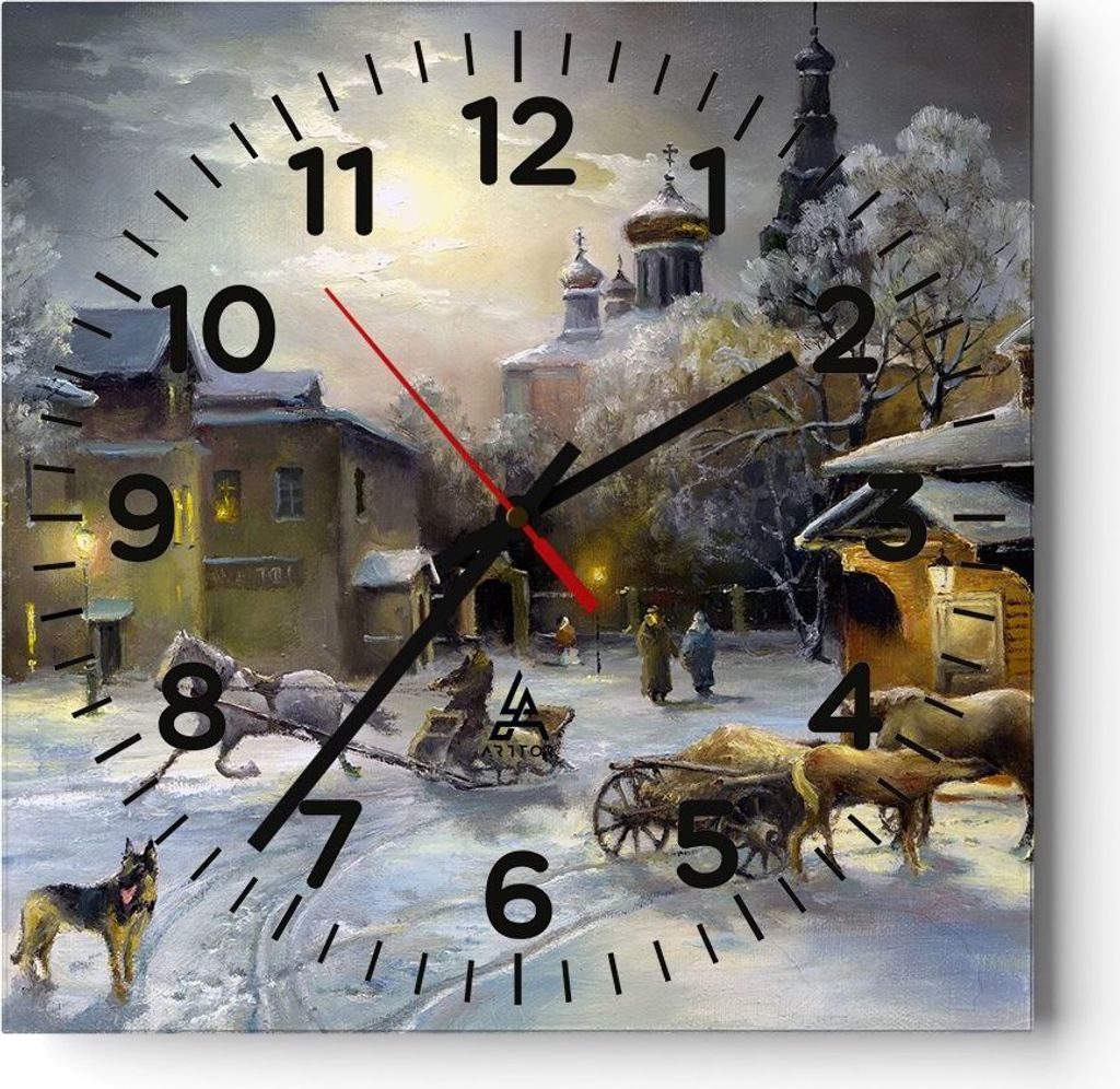 Wanduhr - Quadrat - Glasuhr - Dorf Schlitten Schnee - 40x40cm - Schleichendes Uhrwerk - Lautlos - zum Aufhängen bereit - Dekoration Modern - Wandd...