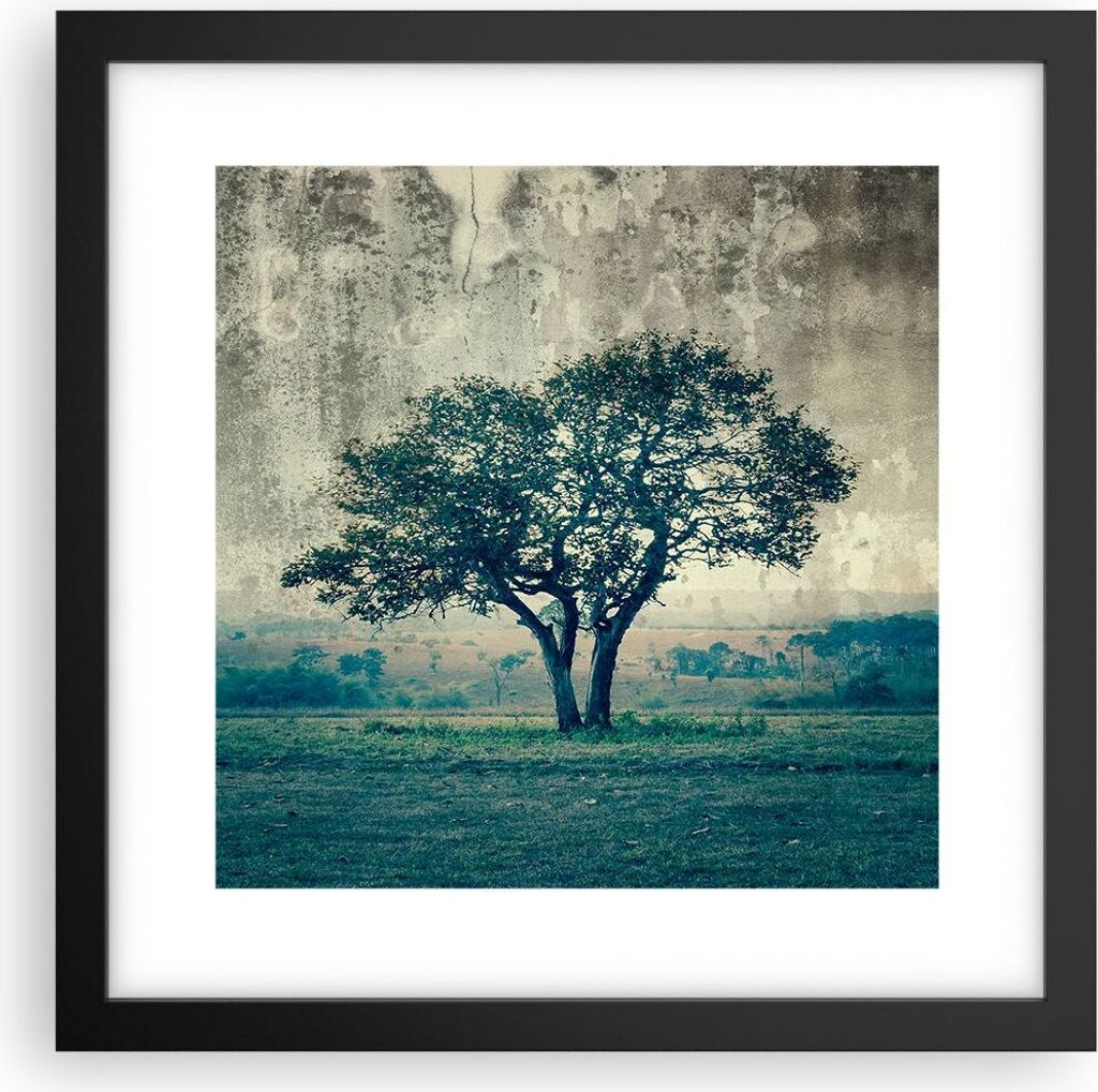 Gerahmtes Poster - Schwarzer Rahmen - Baum Natur Feld - 30x30 cm - Wand Bild - Wanddeko - Wandbilder - Kunstposter - Wandposter - Bilderrahmen - Bi...