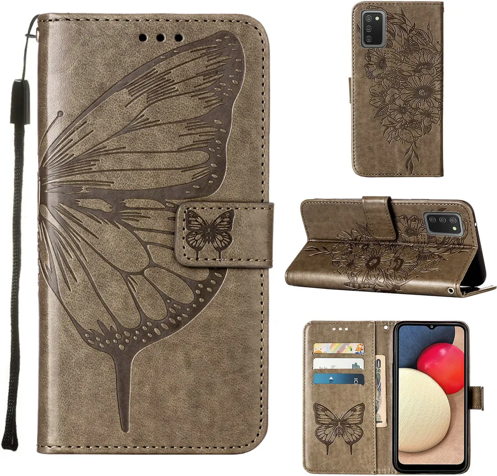 Custodia Samsung Galaxy A02S Farfalla Grigio | Cover Libro Portafoglio