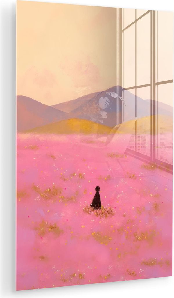 MuchoWow Glasbilder - Bilder auf Wandbild - Foto auf Glas Blumenwiese - Hügel - Scherenschnitt - Rosa 60x90 cm Wanddekoration aus Glas - Acrylglas...