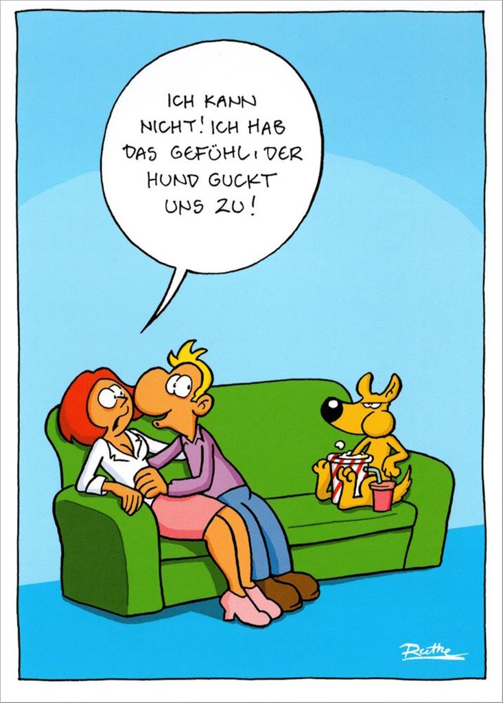 Cartoon-Postkarte Ralph Ruthe "Ich hab das Gefühl, der Hund guckt uns zu!"