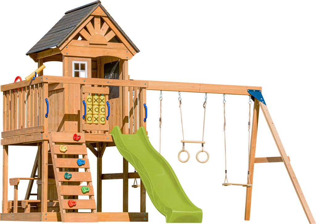 AXI Jack Spielturm aus Holz in Braun mit Doppelschaukel | Spielplatz für Kinder mit Hellgrüner Rutsche, Schaukel, Trapez, Kletterwand, Picknickti...