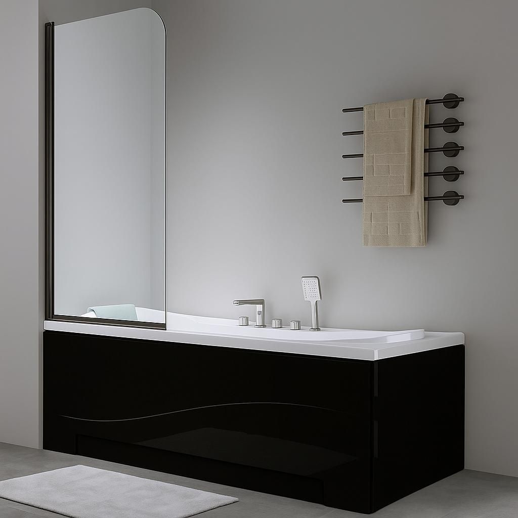 Badewanne MODERN BLACK&WHITE 140x70 mit Füßen, Siphon(schwaraz) und Schwarze Schürze (1x kurz, 1x lang - zwei Seiten), und Dushwand - 140x70 Sch...