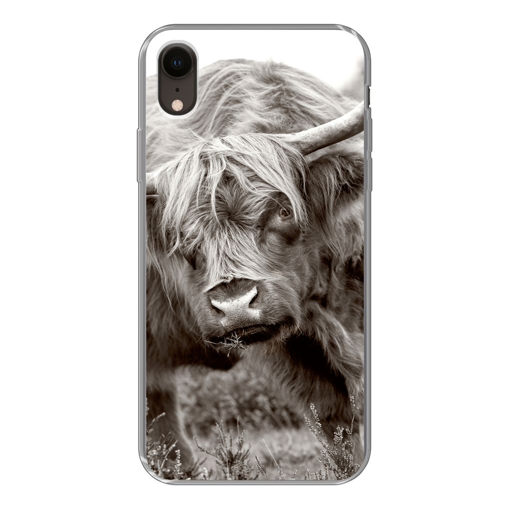 MuchoWow Handyhülle Schutzhülle Hülle für iPhone XR Schottischer Highlander - Schwarz - Weiß - Hörner Silikon Softcase Handy Hülle - Schut...