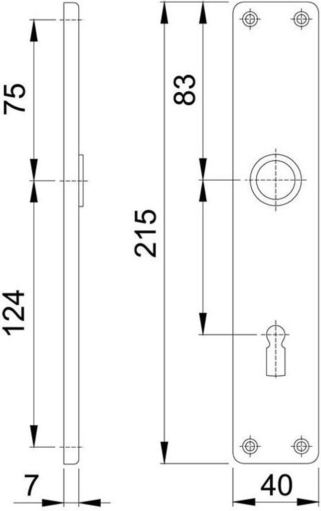 Technical drawing of a door handle plate with dimensions.