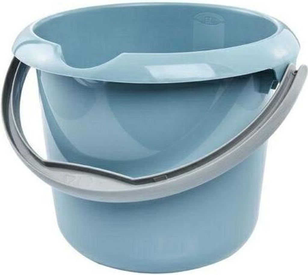 A light blue bucket with a gray handle against a white background.