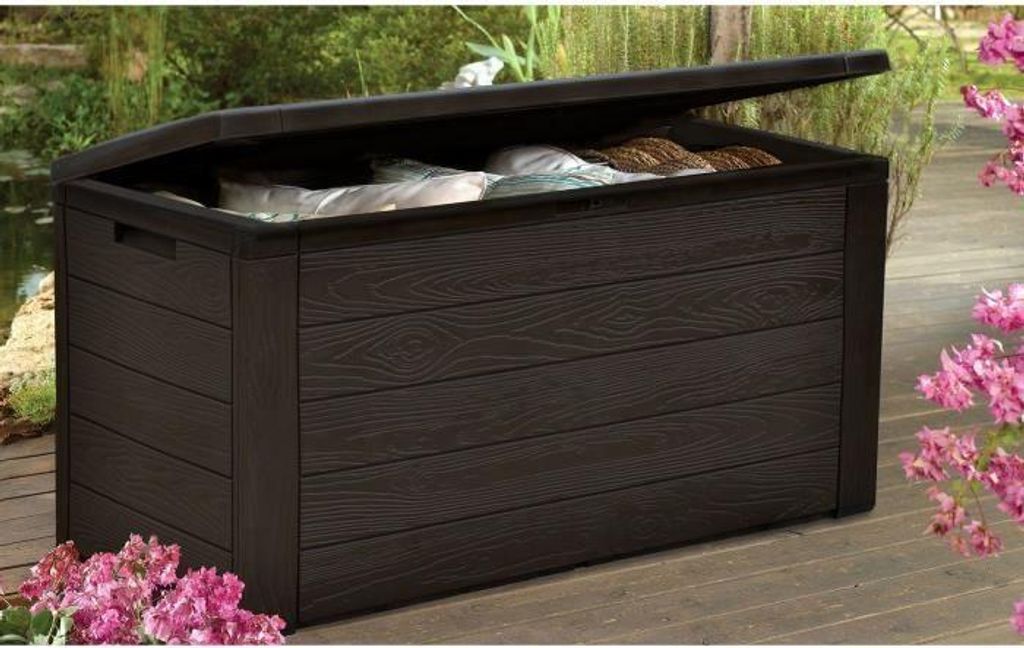 Aufbewahrungsbox Garten, 300 L, 120 x 46 x 58 cm, Braun Holzoptik, Gartenbox, Kissenbox, Auflagenbox