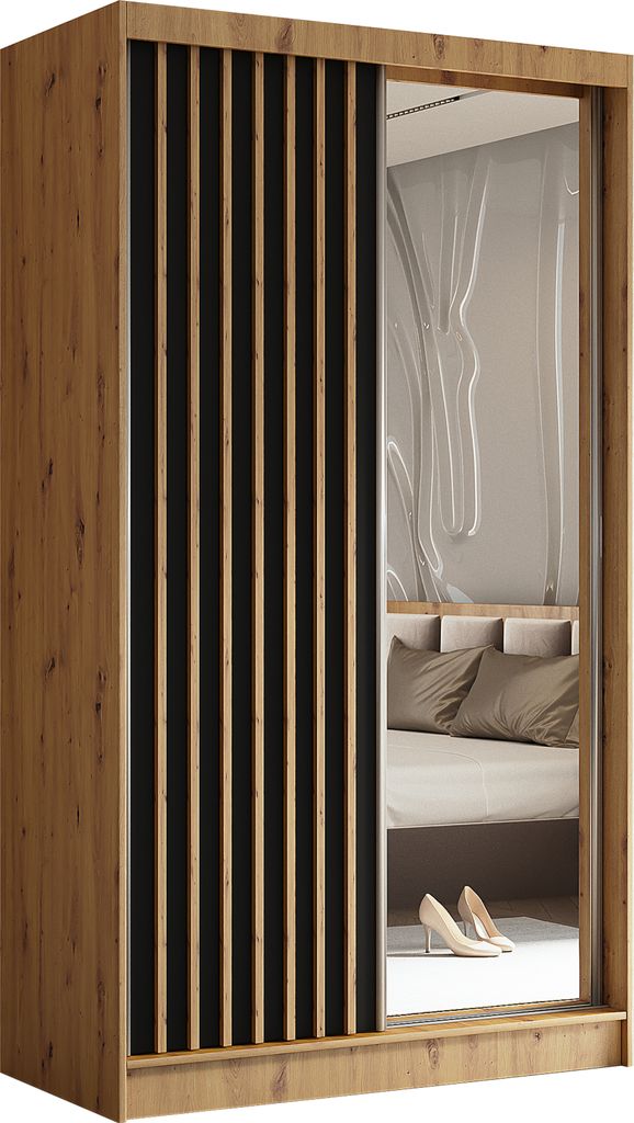 Masseno Schiebetürenschrank LAMELLO 120 cm Kleiderschrank mit 2 Schubladen Schlafzimmer Schrank 2-türig mit Spiegel und Lamellen Eiche Artisan