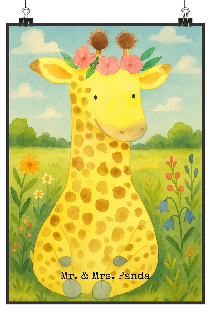 Mr. & Mrs. Panda Bild Giraffe Blumenkranz Design DIN A0 - Weiß - Geschenk, Afrika, Posterdruck, Abenteurer, drucke, wanddeko, Freundin, Wandbild, ...