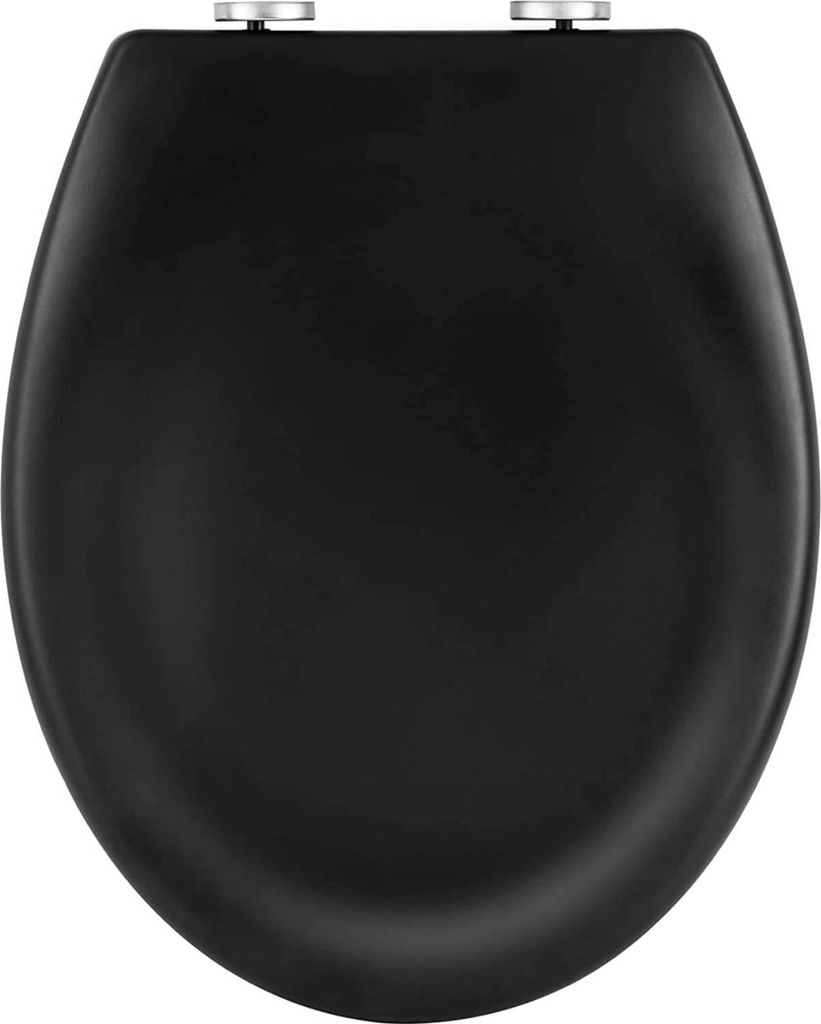 A top-down view of a black toilet seat.