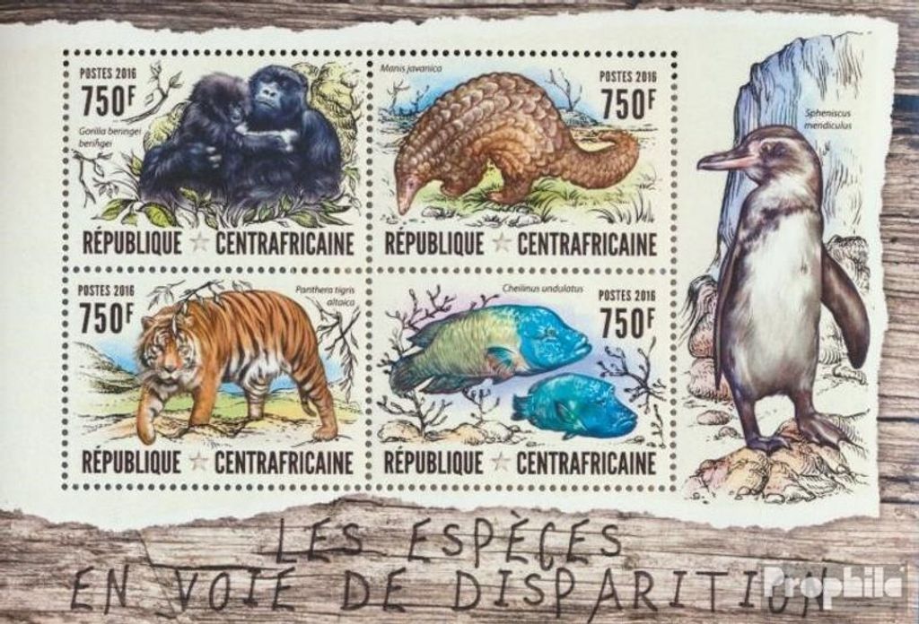Briefmarken Zentralafrikanische Republik 2016 Mi 6280-6283 Kleinbogen (kompl. Ausgabe) postfrisch Gefährdete Spezies