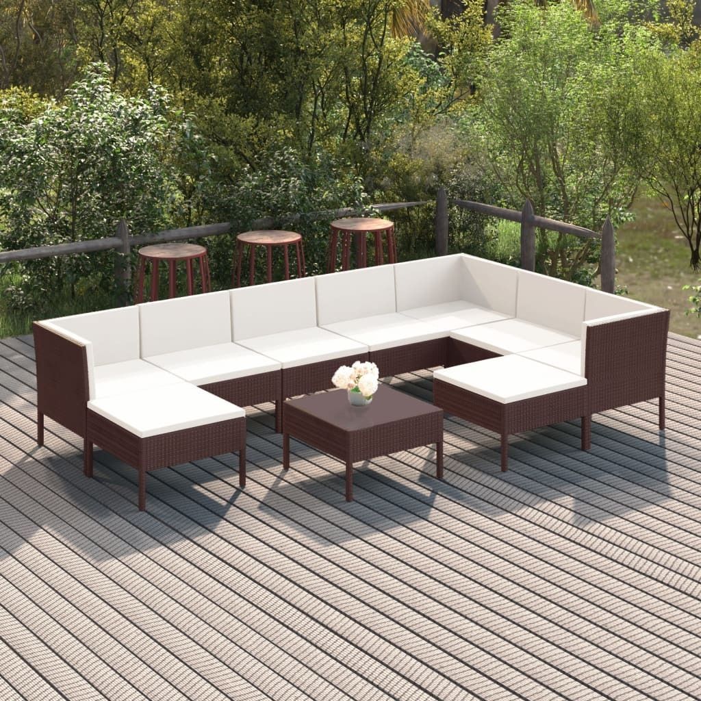 The Living Store 10-tlg. Garten-Lounge-Set mit Auflagen Poly Rattan Braun