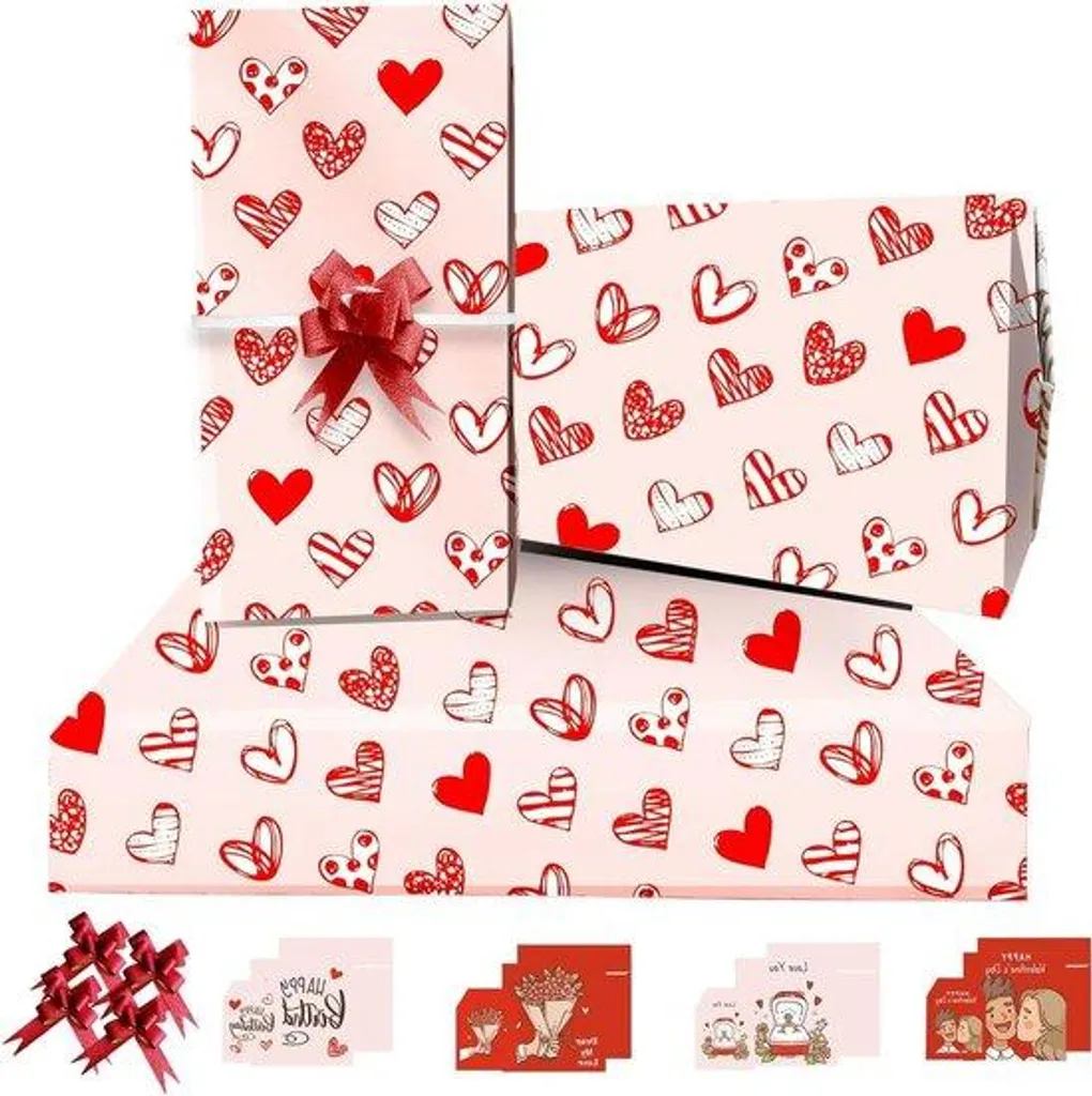 Kit d'emballage papier cadeau rouge en forme de cœur avec 4 accessoires