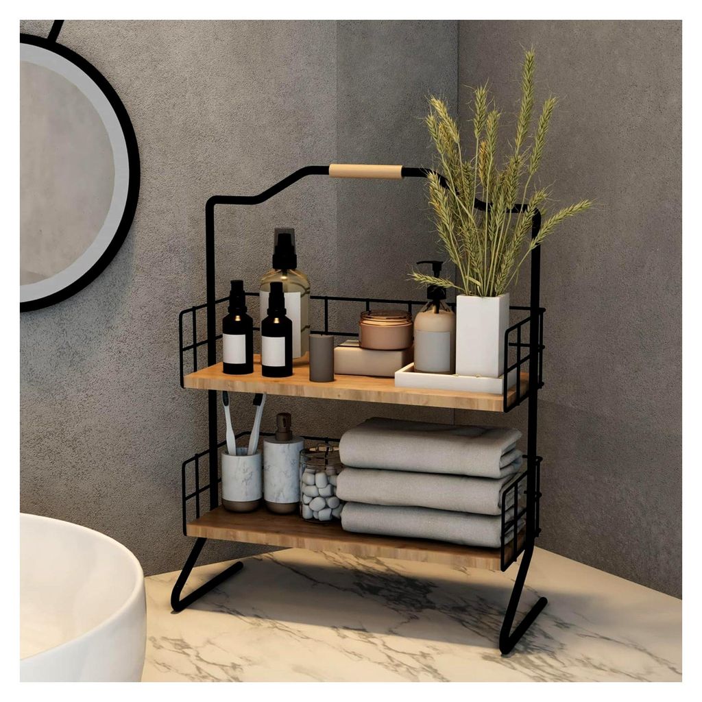 Tischregal Sallingsund Küchenregal mit 2 Ablageflächen Gewürzaufbewahrung 41,5 x 32 x 15 cm Küchen-Organizer Schwarz/Holzfarben