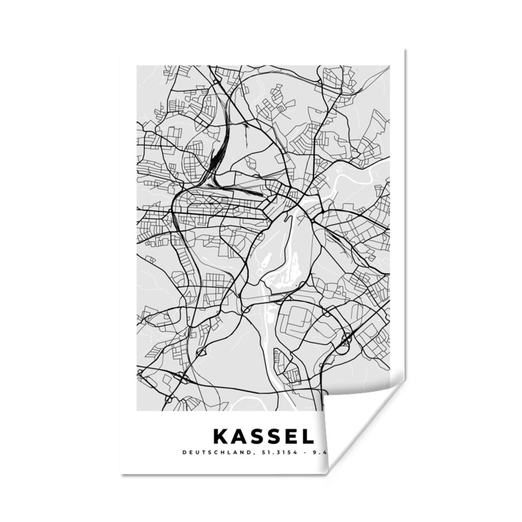 MuchoWow Poster Kassel - Karte - Deutschland - Stadtplan - Karte 80x120 cm - Papierdruck