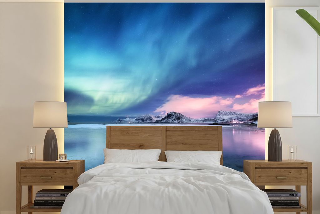 MuchoWow Fototapete für Wohnzimmer oder Schlafzimmer Wandtapete Vinyl Motivtapete Nordlichter - Nacht - Winter - 280x280 cm - Hintergrundbild