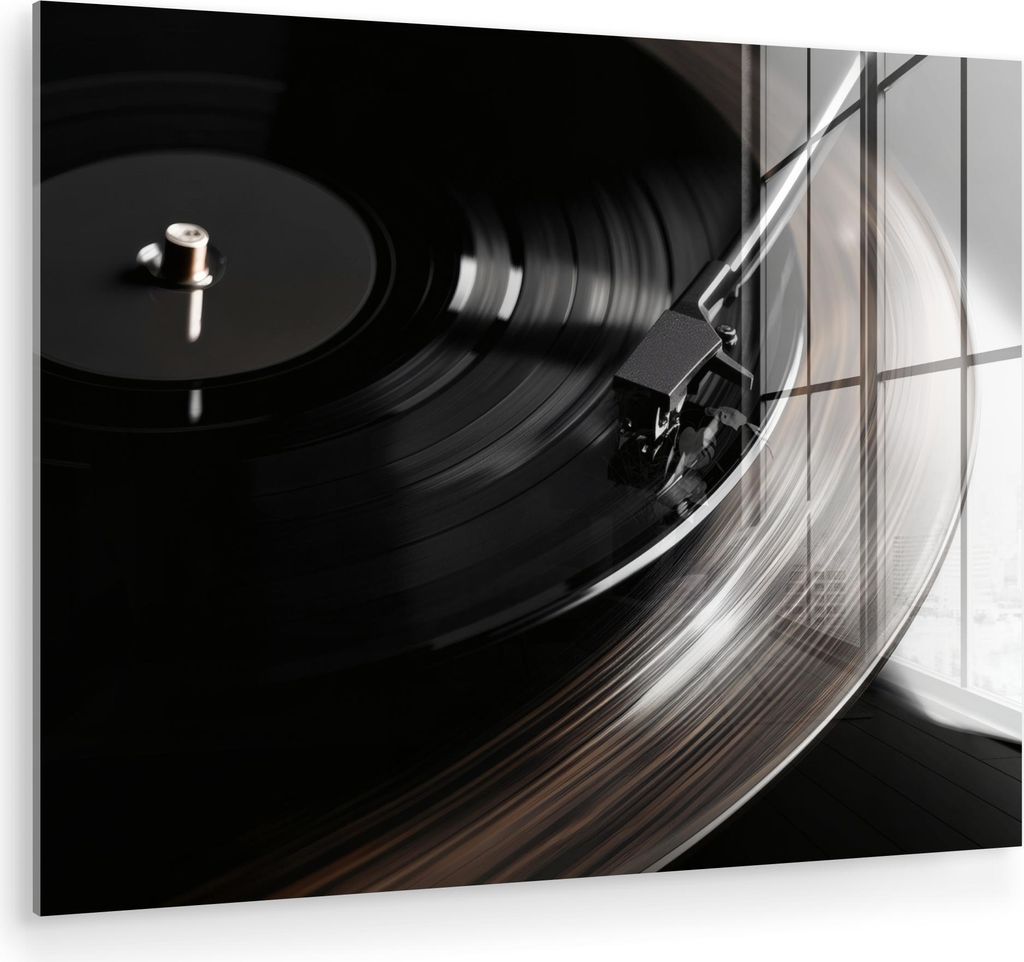 MuchoWow Glasbilder - Bilder auf Wandbild - Foto auf Glas Nahaufnahme - Vinyl-Schallplattenspieler - Schwarz 80x60 cm Wanddekoration aus Glas - Acr...